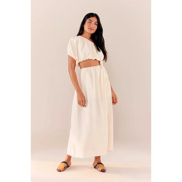 Farm Rio Off White One Shoulder Maxi Dress M Cutout Linen Blend Clean Chic New - Picture 3 of 10